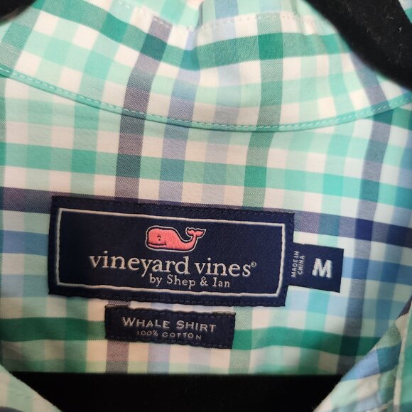 Vineyard Vines Whale Button Shirt Men's Large Plaid Green Navy Cotton Size M - Picture 8 of 13